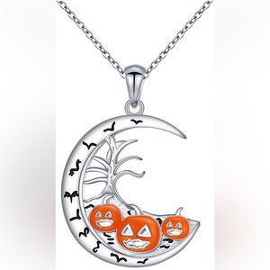 Halloween Pendant Necklace 925 Silver Moon and Pumpkin Necklace